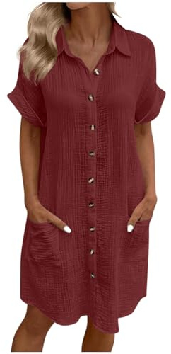 Yolimok Summer Shirts Dresses for Women UK Oversized Cotton Linen Baggy Tunic Shirt Mini Dress Button Up Plain Sundress with Pockets Beach Cover Up Blouses Lounge Holiday Essentials Dresses Wine