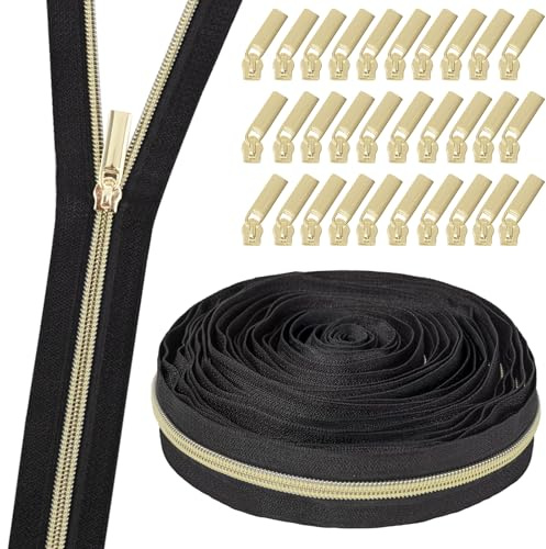 GUBOCA 9 m lång dragkedja, nylon dragkedja för meter sömnad med 30 delar tillbehör (guld, svart)