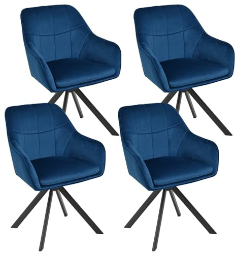 Goeurvant 360° Swivel Dining Chairs Set of 4, Blue Velvet Armchairs, Ergonomic Designed Chairs with Armrests and Metal Legs for Apartment, Dining Room, Kitchen, Study, Vanity, Office