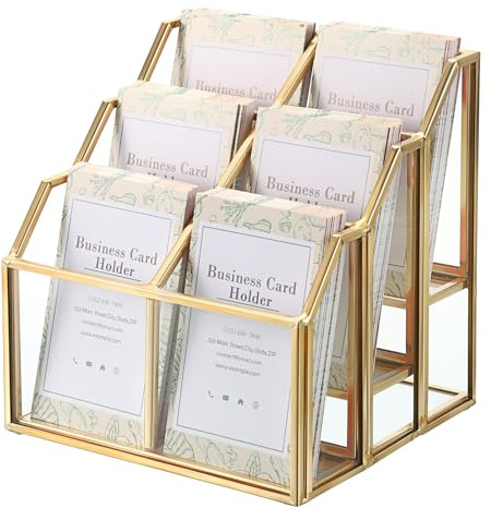 SUMTree Porte-cartes de visite en verre présentoir à carte de visite support de carte de nom avec porte-stylos pour bureau, hôtel, maison (6 slots) horizontal