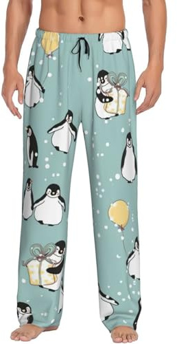 Pigiama, pantaloni da uomo con pinguino, palloncino e fiocco di neve, con tasche e coulisse, Nero , L