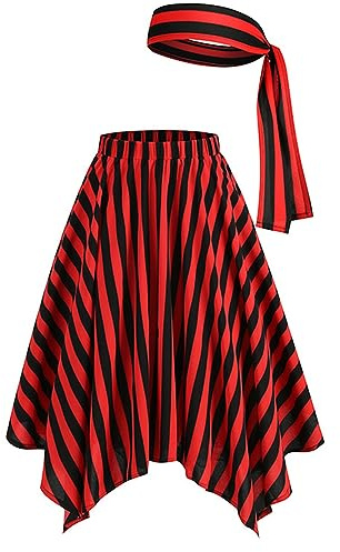 Disfraz de pirata para mujer, color rojo y negro, a rayas, falda pirata con cinturón, hasta la rodilla, cintura alta, falda pirata, asimétrica, swing A, falda midi para carnaval, O rojo., S