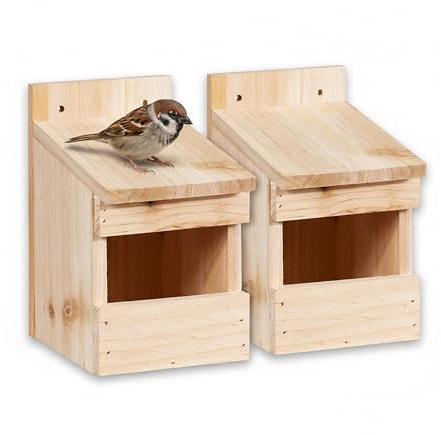Relaxdays Halbhöhle Nistkasten, 2er Set, Amsel & Star, große Öffnung, HBT: 20 x 12 x 15,5 cm, Nisthilfe, Holz, Natur