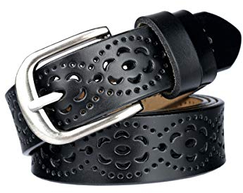 lalafancy Damen Leder Gürtel Echtes Rindsleder Ledergürtel Mode Hohle Blume Design Damengürtel mit Legierung Schnalle für Jeans (Schwarz)