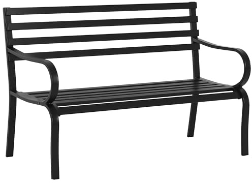 Outsunny Panchina da Esterno in Metallo Impermeabile Nero, Panca da Giardino a due Posti, 127 x 62 x 82cm - Max 240kg