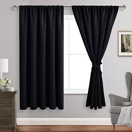 JIUZHEN Blackout Curtains for Bedroom - 60 Inch Wide Thermal Insulated Room Darkening Privacy Soundproof Curtains for Living Room, Set of 2 Panels with Tiebacks, 60 x 63 inches, Black
