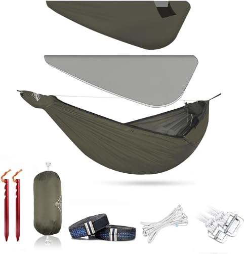 Onewind Airstream Camping-Hängematte mit Moskitonetz und Windsack, tragbare Hängematte mit Baumgurten und Insektennetz für Wintercamping, Wandern, Rucksacktourismus, OD Grün