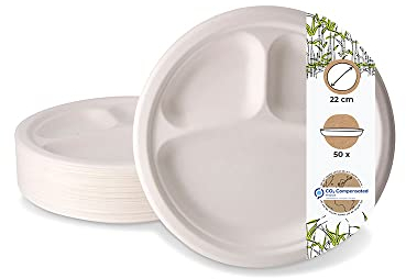 BIOZOYG 50 unidades recipiente de menú de caña de azúcar con 3 compartimentos Ø 22 cm I Platos de servir blancos con divisiones I Vajilla biodegradable I Platos de bagazo divididos