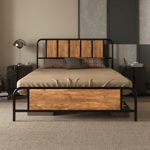 HOMCOM 4.8ft Double Bed Frame with Industrial Wood Headboard, Steel Slat Support and 25.5cm Underbed Storage Space, 145 x 197cm, Rustic Brown