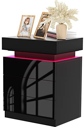PIPIPOXER Nachttisch mit LED Beleuchtung, Beistelltisch in Schwarz mit großen Stauraum,Nachttische mit 3 Schubladen Nachtschrank für Wohnzimmer,Schlafzimmer Bett Schwarz 45x35x61cm