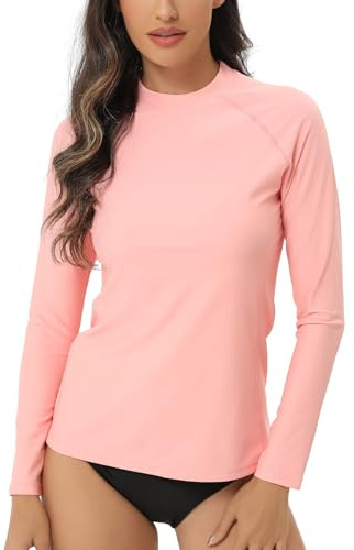 HUGE SPORTS Damen Langarm Rash Guard Shirt Sonnenschutz Schwimmshirt Schnelltrocknend Bademode Surf Shirt (Rosa, M)
