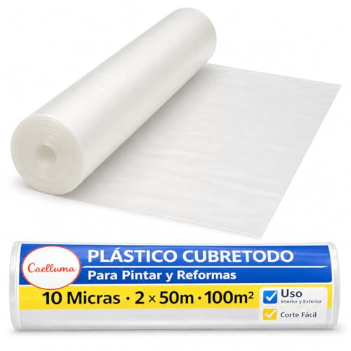 Plástico Cubretodo CAELLUMA en Rollo para Pintar y Reformas, Protector Transparente de Muebles, Suelos y Sofás, Corte a Medida para Interior y Exterior, Varias Medidas y Bricolaje