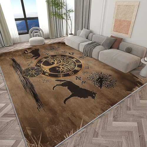 Teppich Alter Wikinger Baum Und Wolf Teppich Waschbarer Wohnzimmer 120x170 cm Vintage Schlafzimmer kinderzimmer
