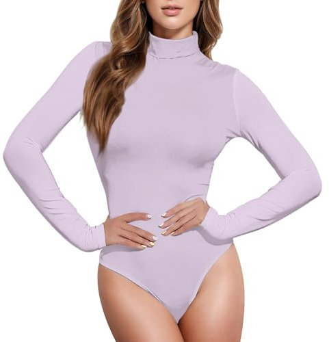 CHIFIGNO Damen-Body mit hohem Halsausschnitt, langärmelig, Jumpsuits für Damen, modischer Strampler für Damen, Eimer, Flieder, X-Large