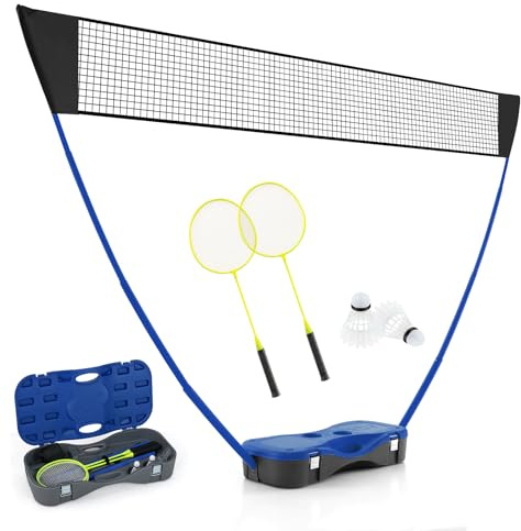 COSTWAY Badminton Set Complet Portable 270 x 160 cm, Ensemble de Filet de Badminton en PE 2 Raquettes et 2 Volants Boîte de Rangement, Jeu d'Extérieur pour Plage Jardin Cour (Bleu)