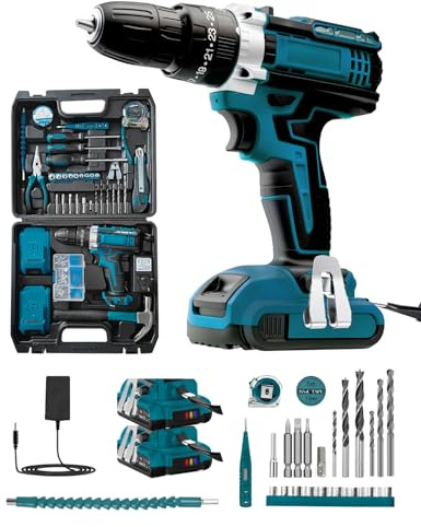 KALAHOL Cordless Drill Set 21V, 99PCS Electric Screwdriver Set with 2 Batteries 2000mAh, 25+3 Torque Cordless Hammer Drill, 42N.m Max, 2 Speed, LED Work Light for Home and Garden DIY Project, Blue