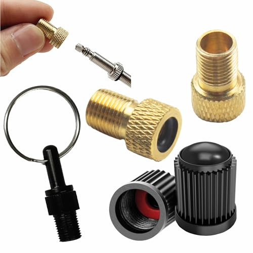 Pitlane Performance Adaptateur Valve Vélo Presta Schrader en Laiton avec Bouchons de Valve, Compatible Pompe à Air et Compresseur, Lot de 5 Pièces avec Porte-Clés, Valves Presta Dunlop Sclaverand