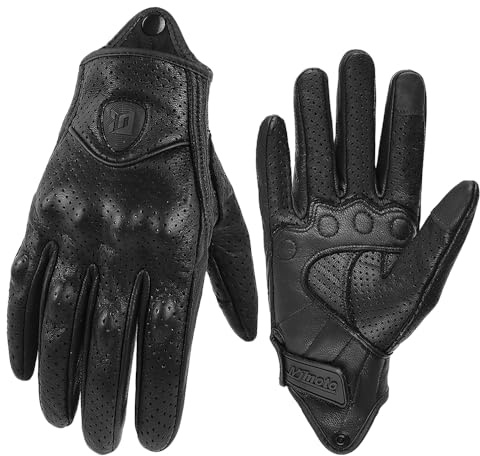 Guantes de Motocicleta de Cuero,Guantes de Moto para Hombres Mujeres,Negro Retro,Pantalla Completa con la Pantalla Completa,Nudillos Duros para Correr Ciclismo en Bicicleta (Agujero Negro, X-Large)