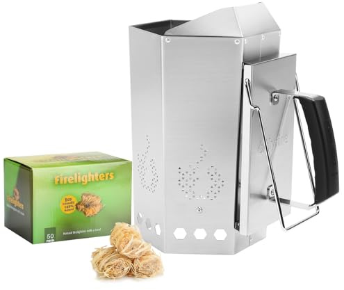 onlyfire Ciminiera Accenditore in Acciaio Inox con 50 Accendifuoco Ecologico, Starter per Camini da Barbecue con Maniglia di Sicurezza Isolata Termicamente, Accenditore Rapido per Griglia a Carbone