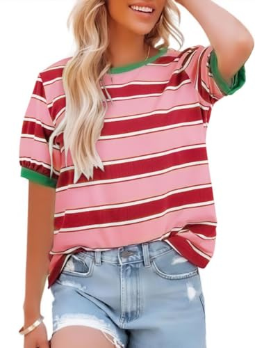 Cuptacc Camiseta para mujer, cuello redondo, holgada, multicolor, túnica a rayas, para verano, informal, de algodón, camiseta de manga corta en contraste