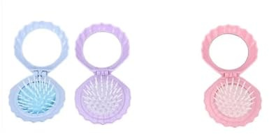 RUINUVYS Set 3 spazzole Pieghevoli da Viaggio con Specchio, Mini Spazzola Capelli compatta in Rosa/Blu/Viola, Design a Conchiglia per Borsa e Valigia