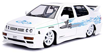 Jada Toys Fast & Furious Jesse's 1995 Volkswagen Jetta, Auto, Tuning-Modell im Maßstab 1:24, mit Spoiler, zu öffnende Türen, Motorhaube und Kofferraum, Freilauf, 99591, Weiß/Blau