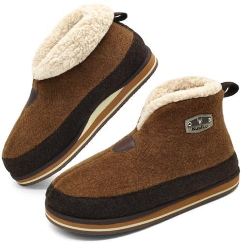 KuaiLu Mens Felt Winter Warm Boot Slippers Cosy Memory Foam Faux-Fleece Lined Bootie Slippers with Comfy Arch Support House Shoes Non-Slip Indoor Outdoor Hard Sole Beige 11
