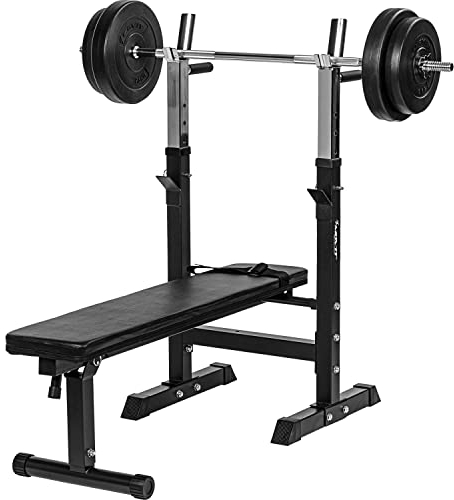 MOVIT® Hantelbank mit verstellbarer Langhantelablage und Dip-Station, faltbar, 2 Farben, optional mit 30kg o. 60kg Hantelset, Heim-Trainingsgerät Home-Gym Kraftstation
