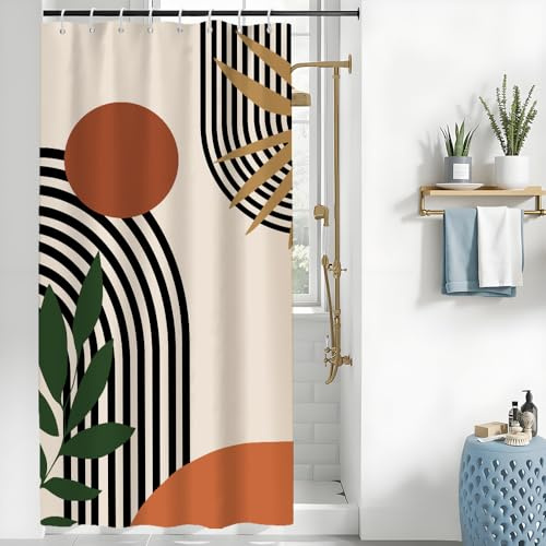 Uiiooazy Tenda Doccia Antimuffa, Tenda da Doccia 120x180cm Terracotta Boho Chic Foglie Verde Astratta Arancia Tende da Bagno Tessuto Lavabile Impermeabile Tende per Vasca da Bagno con 8 Anelli