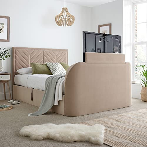 happybeds Velvet Ottoman Bed, Sherlock Warm Stone Velvet Ottoman Electric Media TV Bed, Double, King, Super King Size (Super King)