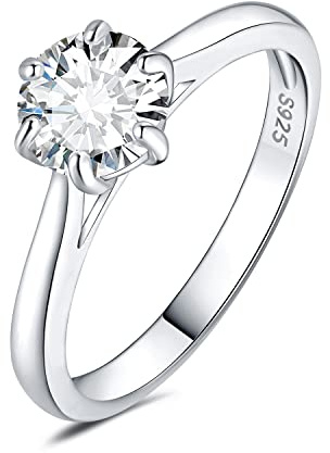 JewelryPalace Solitario Anillo Plata Mujer 1ct Moissanita Corte Redonda, Anillo de Compromiso Plata de Ley 925 Diamante Simulado, Anillo Promesa Niña Clásico Piedra 6 Garras, Joyas de Mujer 13
