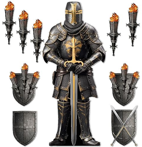 Honoson 10 Pieces Medieval Party Decorations, Castle Decorations, Articulated Suit of Armor, Knight, Cut Out Flashlight Props, Medieval Sign for Birthday