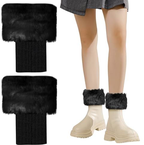 Heveer Beinwärmer Damen Beinstulpen Gestrickte Bein Wärmer Winter Stiefel Abdeckung Kunstpelz Stulpen Damen Mädchen Stiefelstulpen Schwarz