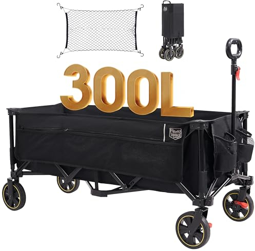 TIMBER RIDGE XXXL Bollerwagen Faltbar 300L 160KG mit Netze als Fallschutz Transportwagen mit Bremse Seitentasche Getränkehalter verstellbarem Griff, Gartenwagen Strandwagen für Alle Gelände Schwarz