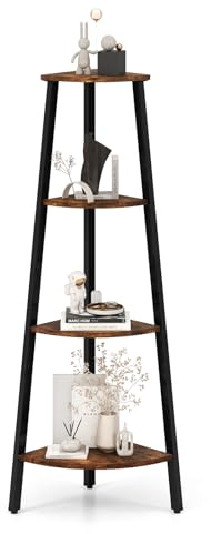 GOPLUS Estantería Esquinera de Pie de 4 Niveles, Escalera Con Marco de Metal Para Almacenamiento y Plantas, Para Salón, Cocina, Baño, Oficina, Marrón Rústico, 36 x