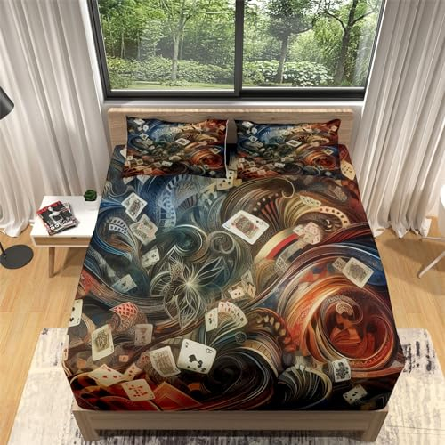 Spannbettlaken 140x200cm Game Poker & Boho Spannbetttuch Boxspringbett Weiches Microfaser, Bis 30cm Matratzenhöhe, Elastisches Matratzenschoner für Boxspringbett & Wasserbett