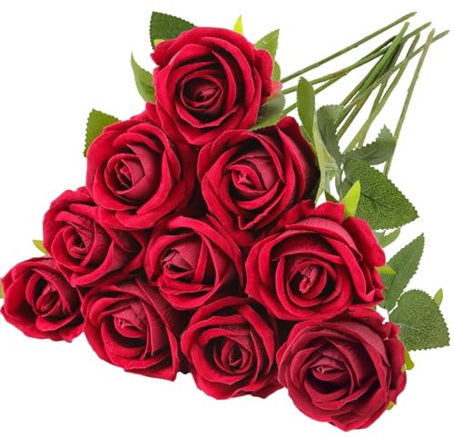 N&T NIETING Rosas artificiales, 10 unidades, flores de seda realistas, tallo largo, rosas falsas, ramo de novia para bodas, hogar, fiestas, arreglos, hoteles, jardines, decoración (rojo oscuro, 51 cm)