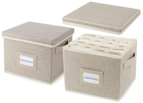 Greeting Card Organizer Box with 16 Dividers,Collapsible Greeting Card Storage Box with Handles Hold 150+ Cards,Greeting Card Holder for Greeting Cards,Sticker, Recipes, Photo, Envelope (Beige, 2 pcs)