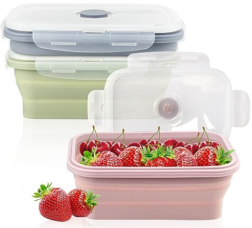 VAIAV Boîte à Lunch Pliante en Silicone, 3 PCS 550ML Pliable Conteneurs Boîtes, Alimentaires Pliables avec Couvercle