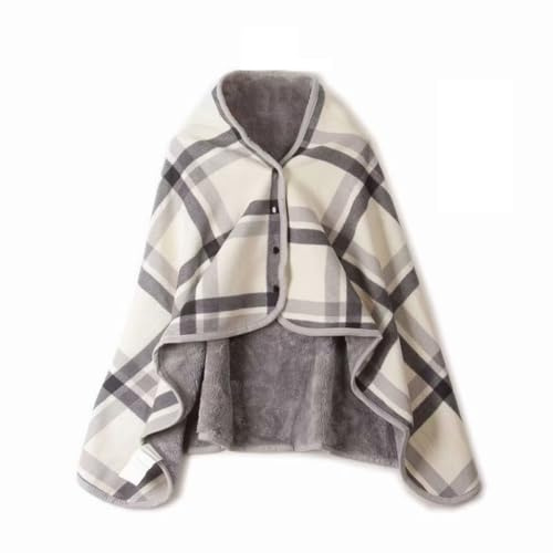 CSARPECT Poncho Châles, Flanelle Polaire Cardigan Ouvert Écharpe, Doux Chaude d'hiver Foulard Chaud Capes avec Boutons Couverture à Carreaux (Grey white 80 * 130cm, Taille unique)
