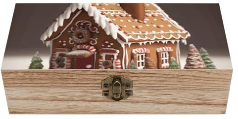 QSMGHKD Piccola scatola portaoggetti in legno con coperchio incernierato e chiusura frontale, scatola dei ricordi in legno stampata a forma di casa di pan di zenzero, scatola decorativa per gioielli