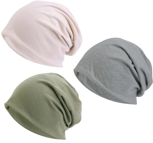 FOSDICK 3 Pack Slouchy Beanie Mütze für Damen und Herren, Chemo Kopfbedeckung Damen Sommer, Leichte Mütze Schlafmütze für Frauen Männer (Grau,Grün, Khaki)