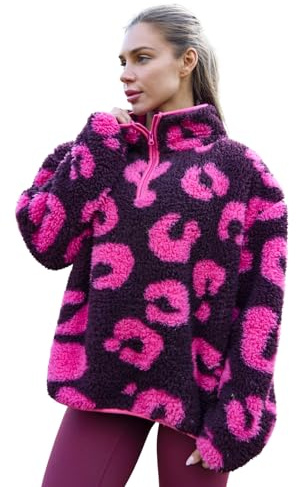 OHS Teddy Fleece Jacket Women, Abstract Leopard Print Fleece Pullover Half Zip Women Soft Cosy Warm Winter Womens Clothing Long Sleeve Casual Ladies Sweatshirt Top for Travel Hiking, Burgundy - L/XL