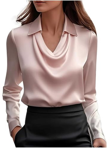 Women's Silk Satin Shirt Cowl Neck Ruched Front Draped Top Fitted Long Sleeve Collar Blouses for Women UK Elegant Smart Formal Office Work Wear Ladies Wrap Pullover Tops Pink