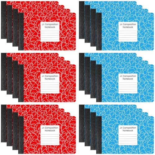 Resurhang 24 Pcs Jr. Composition Notebooks Colored Marble Half Size 4-7/8 x 7-1/2 Inches Composition Notebook 80 Sheet Marble Wide Ruled Assorted Primary Cover Notepad Bulk (Red Blue)