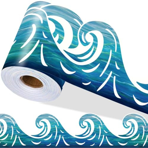 PRESSINART Ocean Waves Border Bulletin Border Trim 197 x 4 Inch Blue Sea Waves Pattern PVC Decorative Self Adhesive Stickers for Bathroom Laundry Kitchen Chalkboard Party Offices Home Decorations