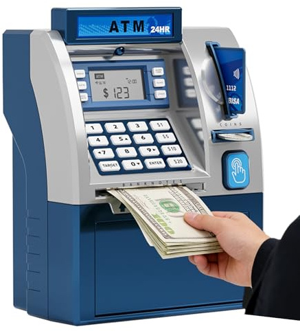 Hucha Electrónica para Niños ATM, Caja Fuerte Inteligente para Tarjetas Bancarias, Hucha para Niños, Juguete De Regalo con Almacenamiento Automático De Billetes De Banco (Azul)
