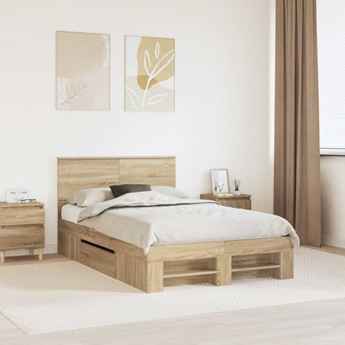 GeenYuu Bed Frame with Headboard Sonoma Oak 120 x 200 cm Wood Material Furniture Set Furniture Set Furniture Set Living Landscape Dining Group Table Chair Bench Sofa Couch Chair Cabinet Chest of