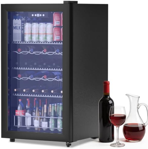 GUIVACI Frigorifero per Bevande 65 L con Porta in Vetro, Mini Frigo per 128 Lattine, Ripiani Regolabili per Birra, Vino e Bibite, Ideale per Casa, Bar e Ufficio
