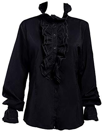 Taiduosheng Camicetta da donna in stile vintage vittoriano con maniche a tromba, top con collo alto, camicetta con volant e abbottonatura, Nero , S